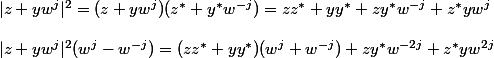 |z + yw^j|^2 = (z + yw^j)(z^* + y^*w^{-j}) = zz^* + yy^* + zy^*w^{-j} + z^*yw^j
 \\ 
 \\ |z + yw^j|^2 (w^j - w^{-j}) = (zz^* + yy^*)(w^j + w^{-j}) + zy^*w^{-2j} + z^*yw^{2j} 